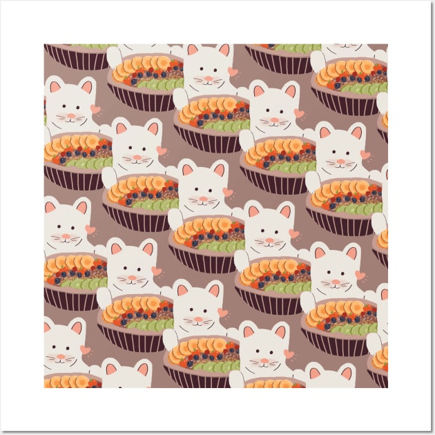 Cat with Acai Berry Smoothie Superfood Bowl - Cat Patterns Wall Art by aaalou